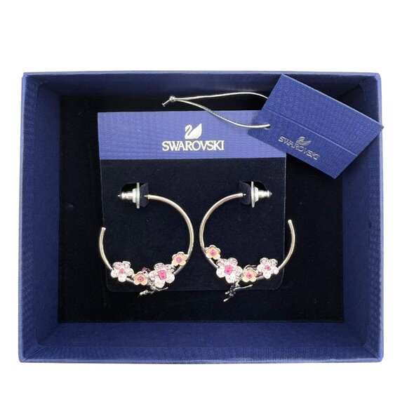 Swarovski Disney Crystal Tinker Bell Cherry Blossom Hoops Earrings Silver NEW - Picture 1 of 9